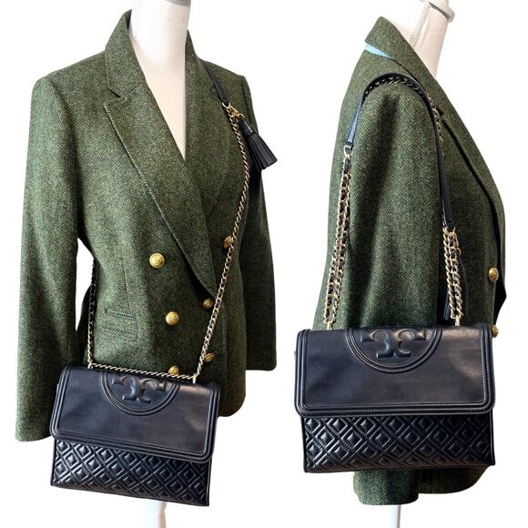 Tory Burch Fleming Leather Convertible Shoulder Bag Crossbody Black Quilted - Picture 4 of 11